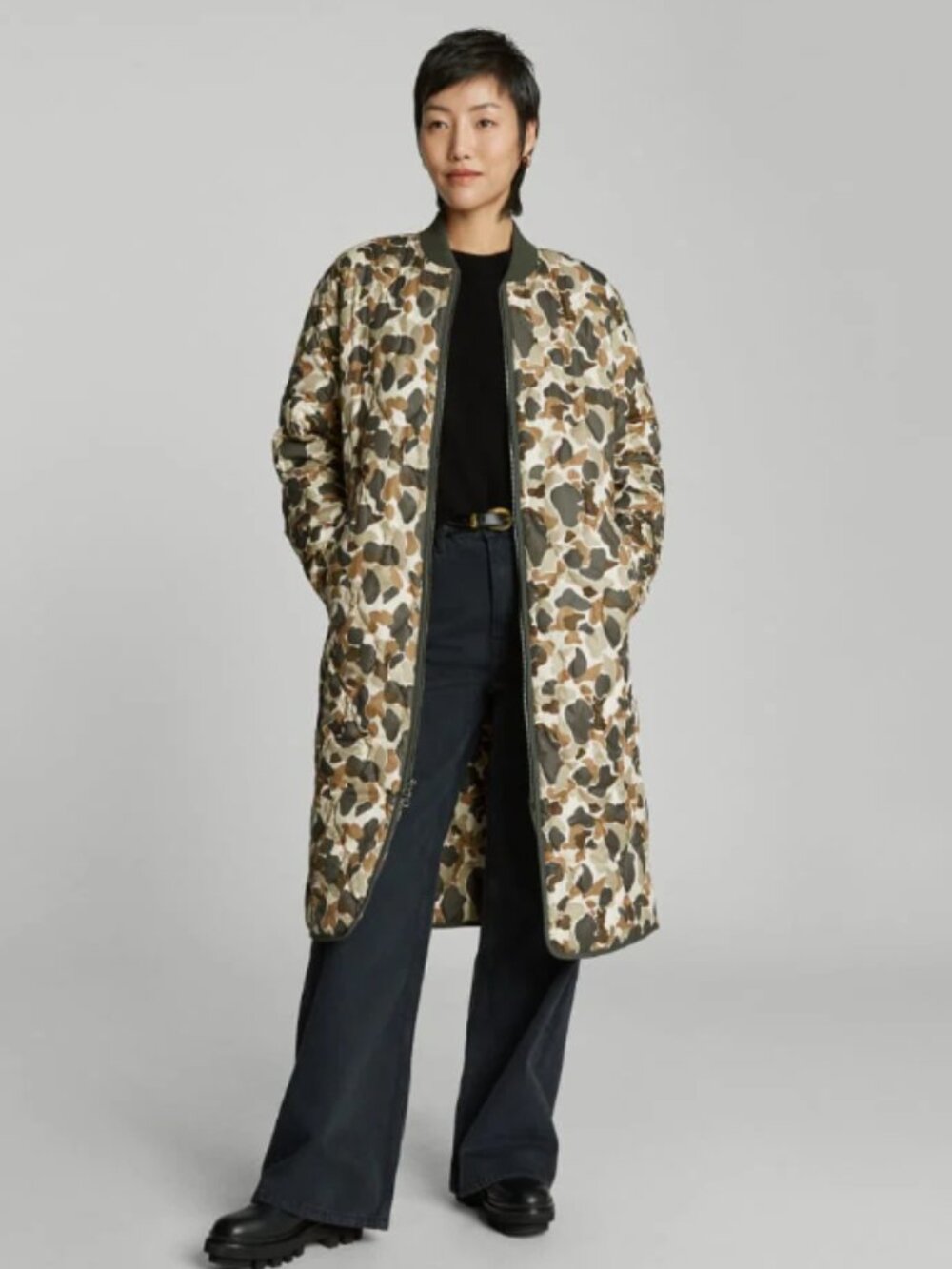 Everlane The ReNew Long Liner Coat Camo Print Size Small NWT